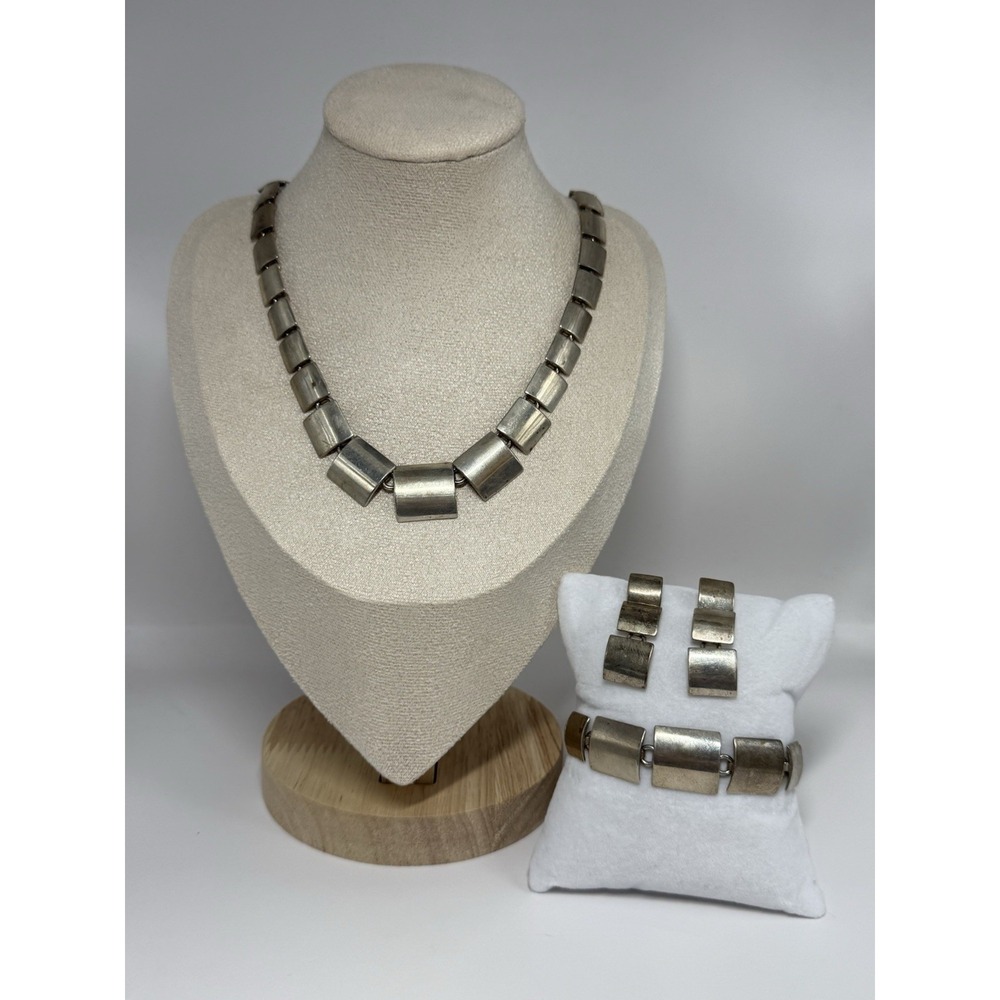 Vintage Taxco Mexico 925 Sterling Silver Modernist Necklace Bracelet Set